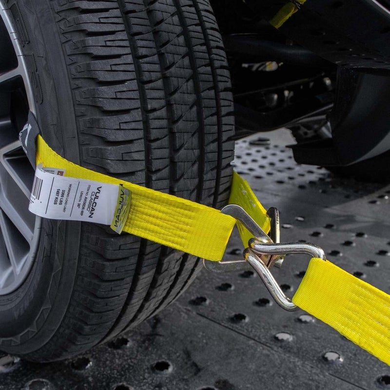 VULCAN Car Tie Down Axle Strap with Wear Pad - 2 Inch x 36 Inch - 4 Pack - Classic Yellow - 3,300 Pound Safe Working Load - Image 3